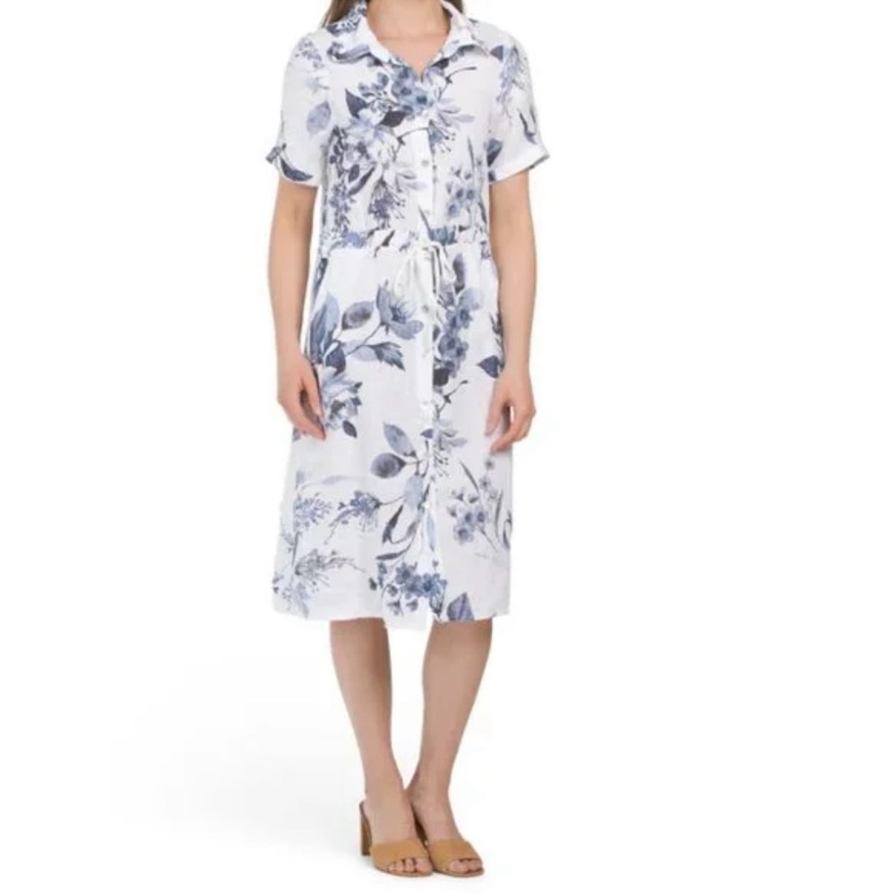 Lungo L'arno Linen Blue Floral Dress Size M With Pockets Midi Made in Italy